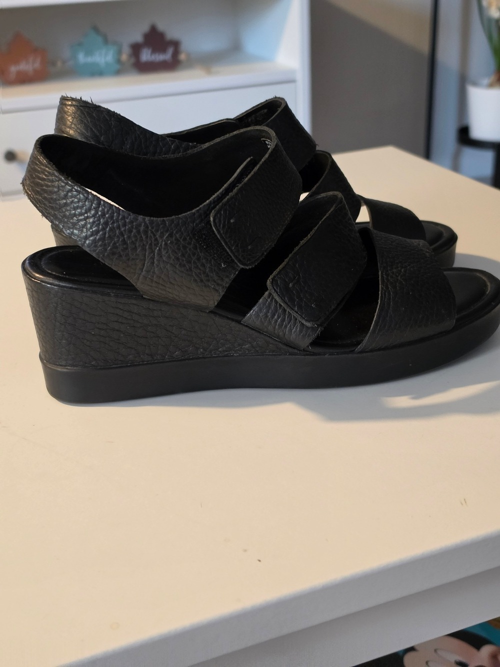 Ecco Black Leather Wedge Sandals with Adjustable Straps - Picture 6 of 9